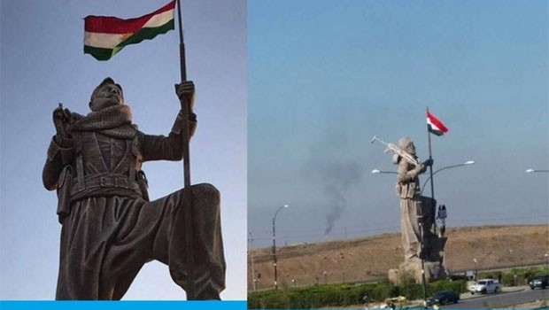 Li Kerkûkê liser peykera Pêşmerge ala Iraqê hat daliqandin